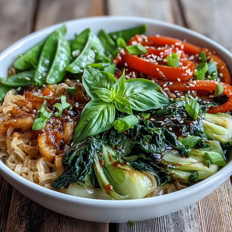 Fork-tender Shirataki Noodle Bowl with bok choy, bell pepper, and snow peas, ready to enjoy hot.