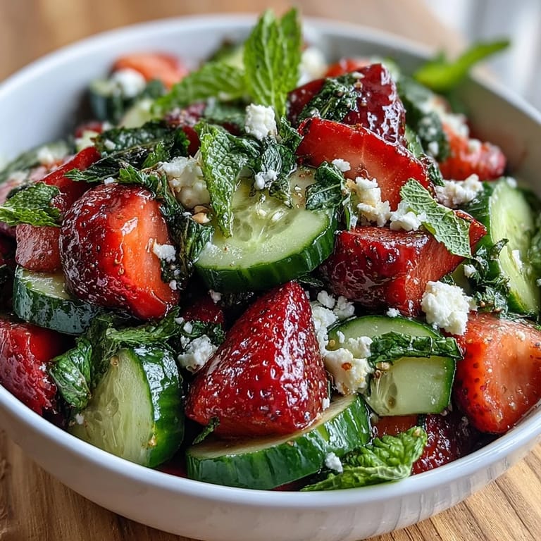 Vibrant cucumber and strawberry salad with mint, drizzled in lemon-honey dressing for a refreshing springtime side.
