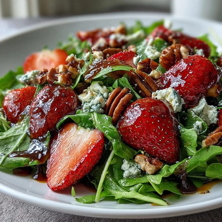 Colorful spring salad featuring peppery arugula, sweet strawberries, toasted nuts, and a honey-balsamic glaze for a stunning presentation.