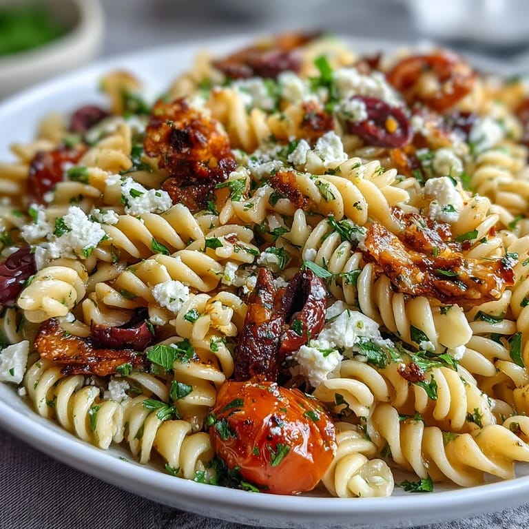 Vibrant Greek pasta salad with Kalamata olives, feta cheese, and crisp veggies, drizzled in herb-infused olive oil dressing.