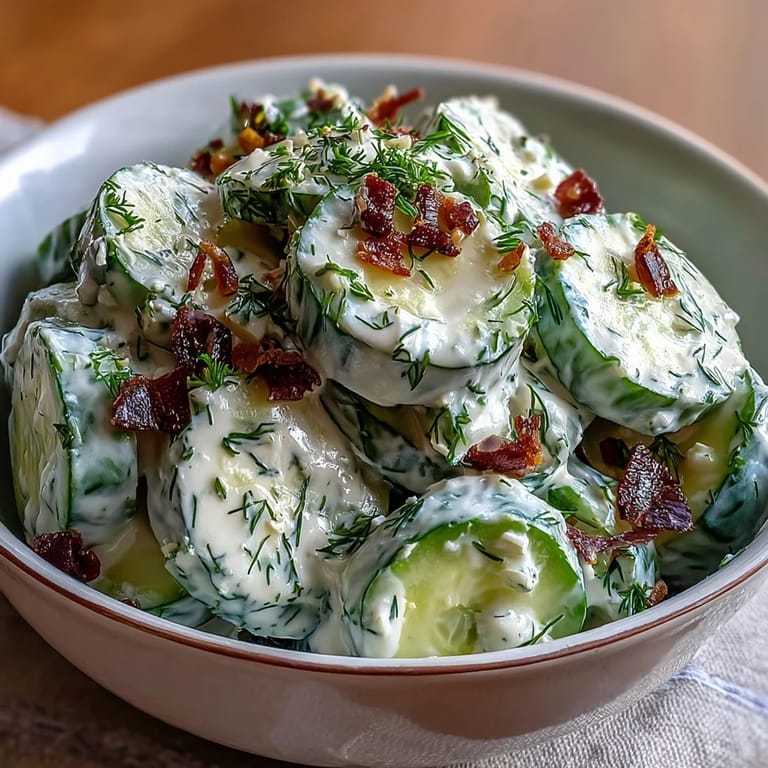 Cool and creamy cucumber salad with fresh dill, perfect for summer barbecues or light lunches alongside grilled dishes.