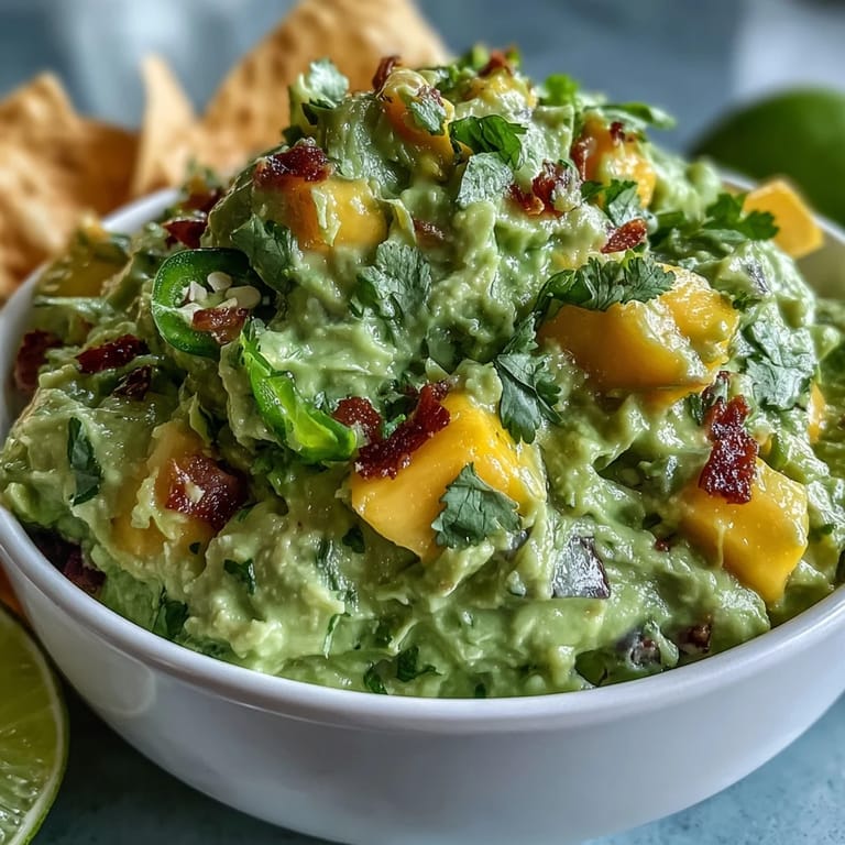 Creamy guacamole bowl featuring fresh mango chunks and jalapeño, perfect for festive Mexican appetizer spreads.