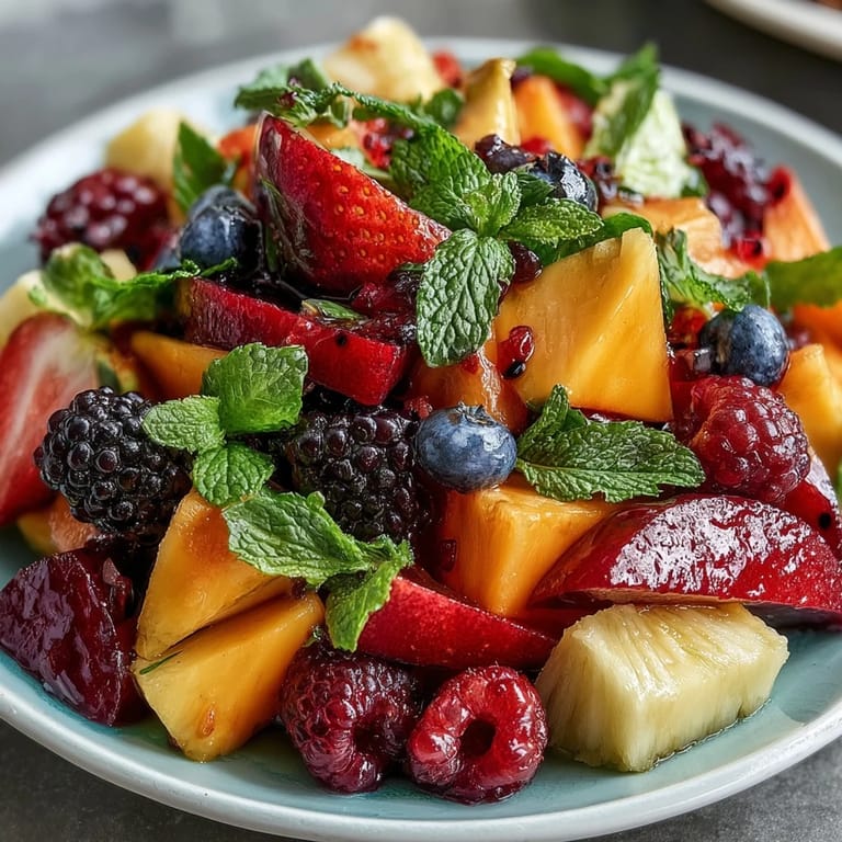Vibrant tropical fruit display featuring mango, pineapple, dragon fruit, and berries, garnished with mint and lime for a refreshing centerpiece.  
