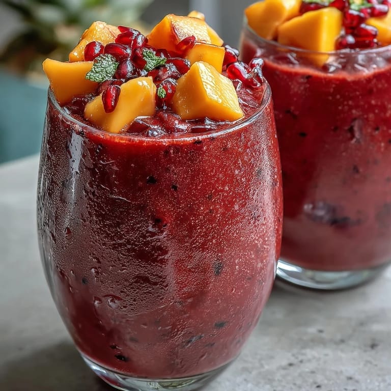 Bright pink mango dragonfruit refresher blended with mango and lime, served over ice with fresh fruit garnish.