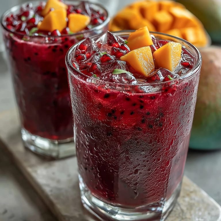 Homemade mango dragonfruit refresher featuring sweet tropical flavors, white grape juice base, and a frosty ice presentation.