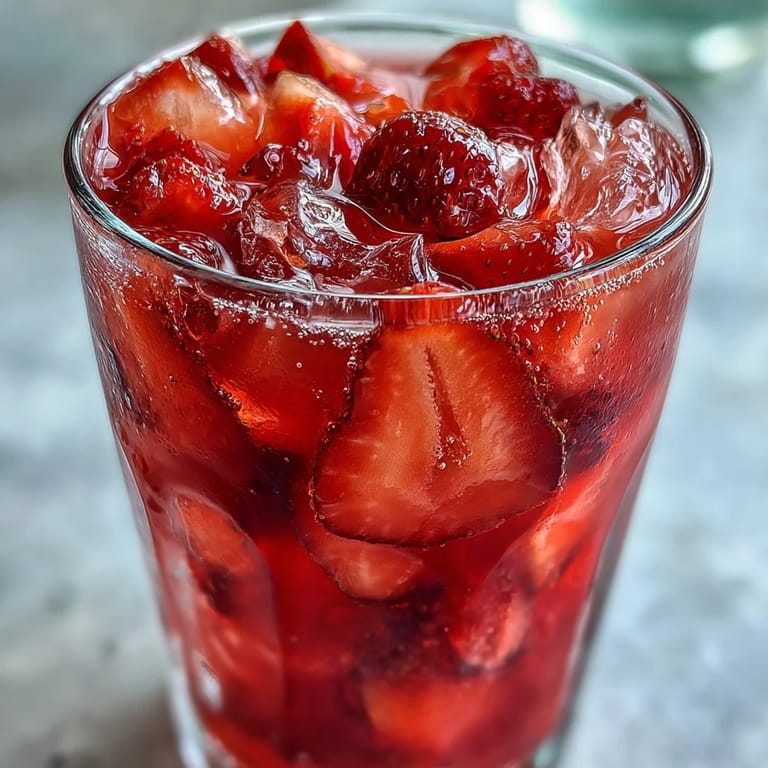 Sweet-tart Pink Starburst Refresher with bright pink color, garnished with sliced strawberries for a candy-inspired drink.