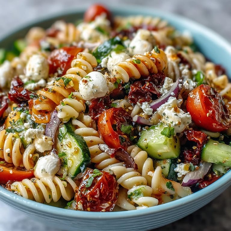 Vibrant bowl of chilled pasta salad featuring crisp vegetables, black olives, and creamy mozzarella, drizzled with tangy Italian dressing.