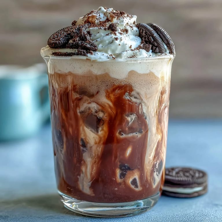 Velvety cold brew coffee swirled with cookies-and-cream milk, topped with whipped cream and crushed chocolate cookies.