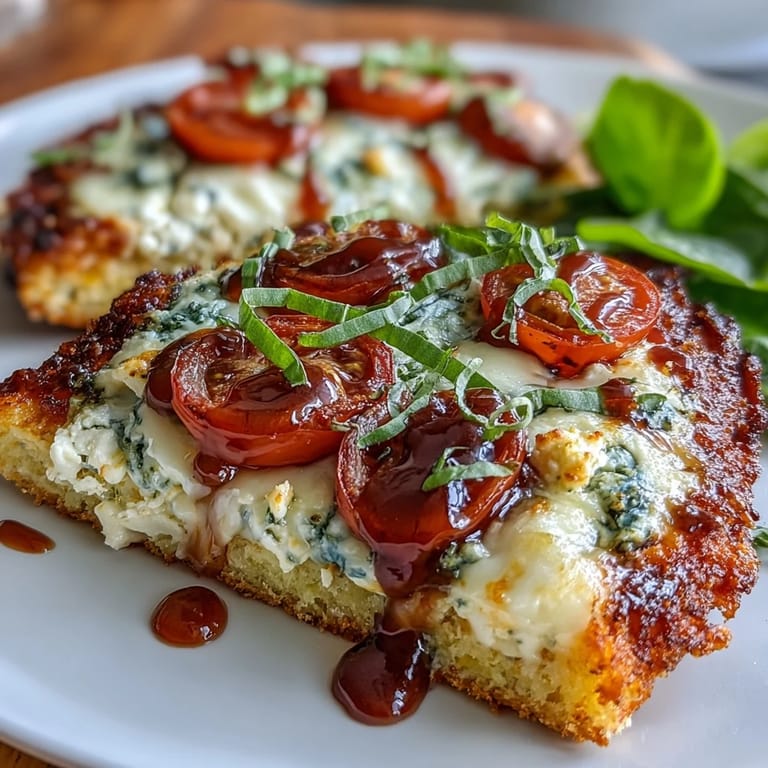Golden cottage cheese flatbread pizza loaded with pizza sauce, mozzarella, and colorful veggies, fresh from the oven.