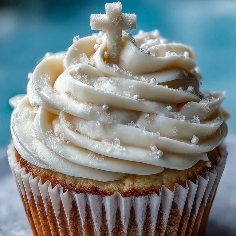 Delightful vanilla cupcakes decorated with smooth buttercream and delicate fondant crosses, ideal for religious milestones and special occasions.