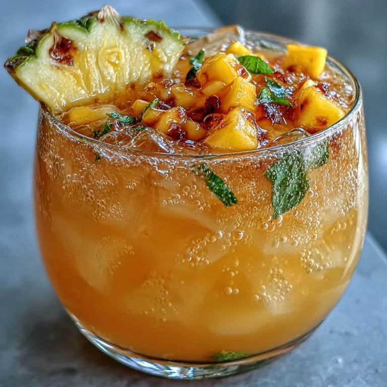 Tropical punch in a clear bowl, featuring mango and pineapple chunks floating in fizzy lemonade.