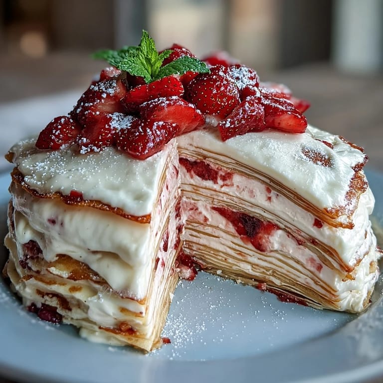 A stunning layered crêpe cake with airy crêpes and creamy strawberry mascarpone, perfect for celebrating Mother's Day.
