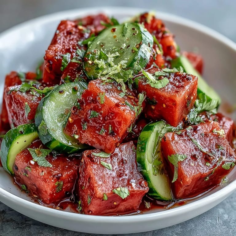 Close-up of a Watermelon Cucumber Salad with Tajin and Lime, showcasing juicy melon, crisp cucumber, and a sprinkle of zesty Tajin seasoning.