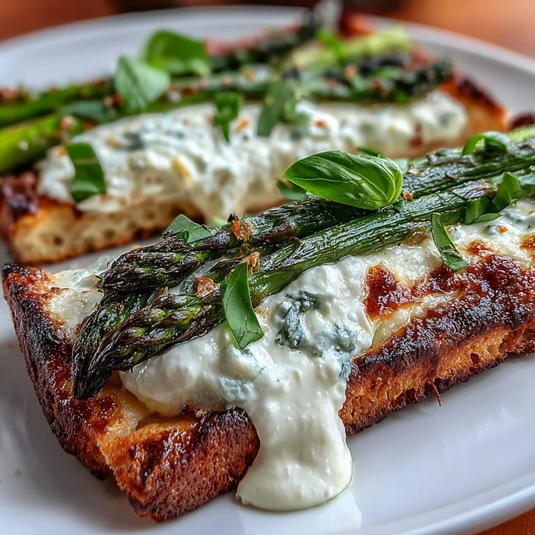 Crispy flatbread layered with roasted asparagus, burrata cheese, and a bright lemon finish—perfect for sharing.  