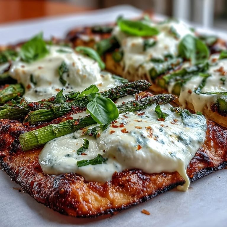 Golden flatbread spread with burrata and topped with charred asparagus, lemon zest, and fresh basil leaves.