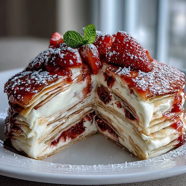 An elegant dessert featuring tender crêpes stacked with strawberry mascarpone filling, garnished with fresh strawberries and mint.  
