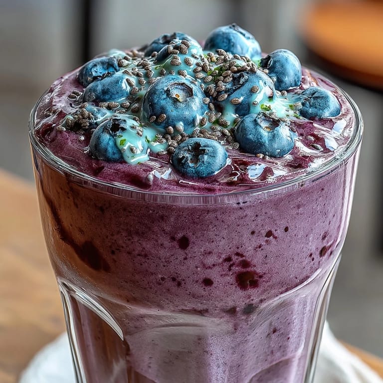 Sip this vibrant probiotic kefir smoothie loaded with blueberries and flaxseed.