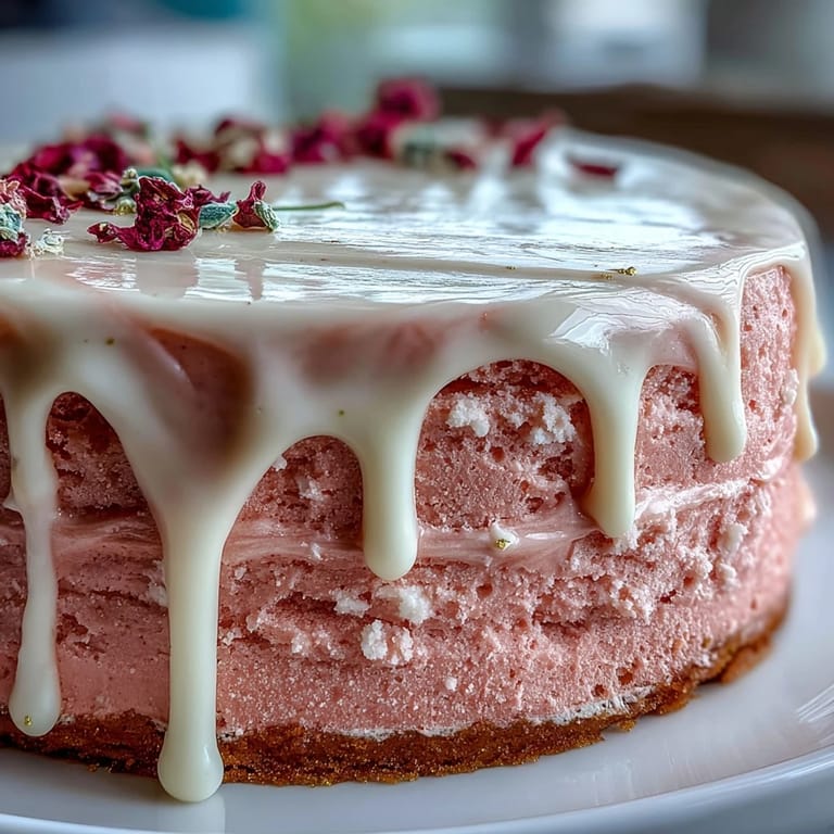 Luxurious Rosé Velvet Cake shimmering with delicate gold drip for celebration.