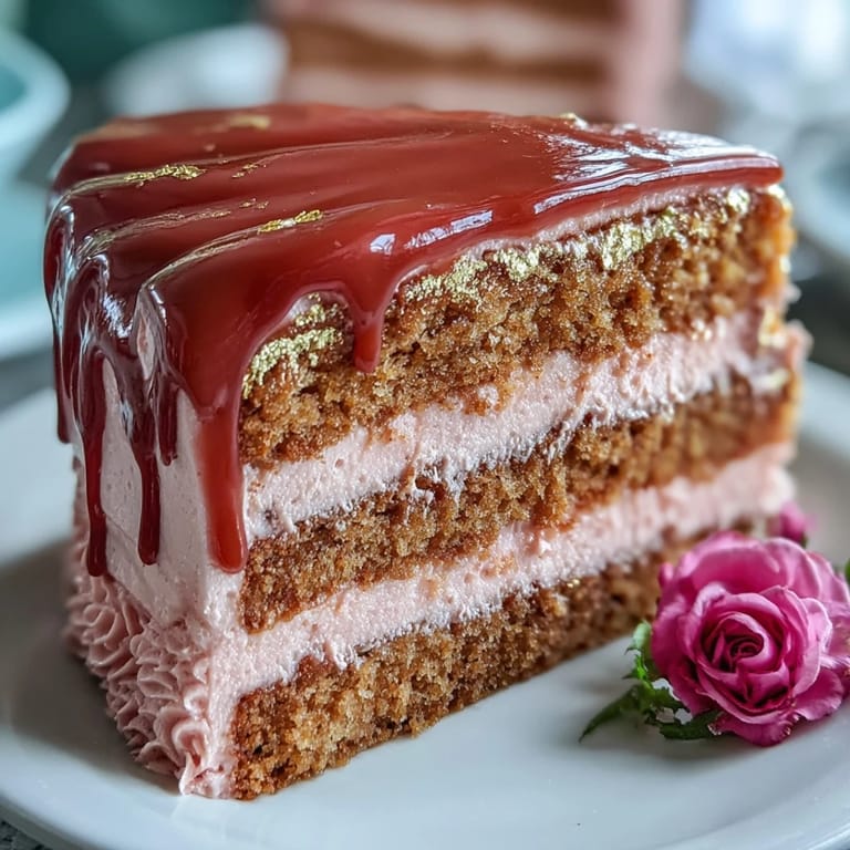 This show-stopping Rosé Velvet Cake features delicate frosting and a shimmering gold finish.
