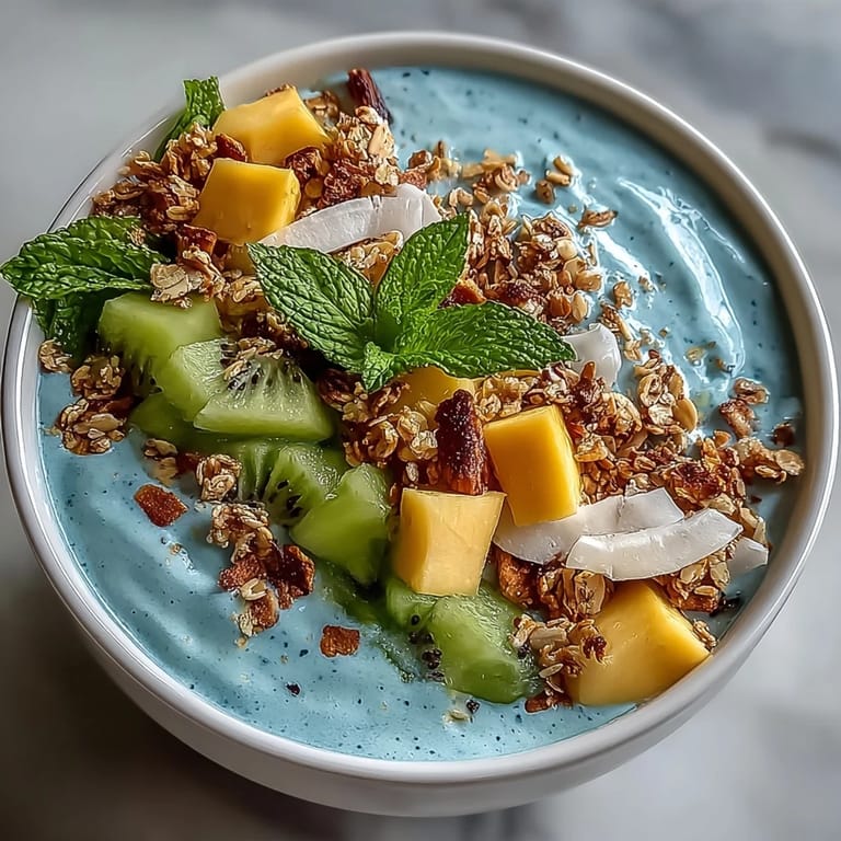 Creamy blue spirulina smoothie bowl bursting with fresh tropical fruit, perfect for a healthy snack.