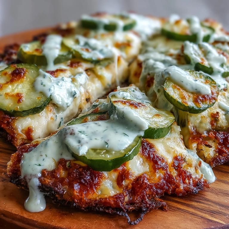 Delicious Pickle Pizza Flatbread with tangy pickles and creamy ranch drizzle.