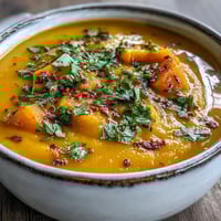 Golden-brown roasted butternut squash cubes for the hearty lentil soup, glistening with olive oil on a baking sheet.