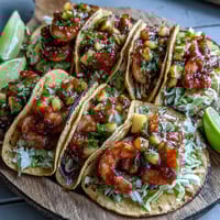Close-up view of Sriracha Shrimp Tacos with Mango Salsa on a wooden board, featuring vibrant red cabbage and fresh cilantro garnish.