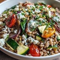 A close-up of the Farro Pasta Bowl, highlighting the colorful Mediterranean vegetables and crumbled feta cheese.