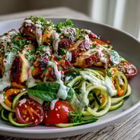 Vibrant Spiralized Vegetable Bowl with spiralized zucchini noodles, roasted sweet potato, and cherry tomatoes topped with grilled chicken. 