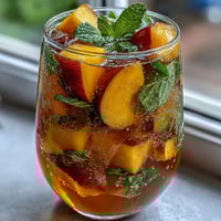 Vibrant mango peach sangria with citrus slices, sparkling and refreshing for summer gatherings.