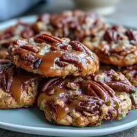 BUTTER PECAN COOKIES WITH CARAMEL SWIRL: A golden-brown cookie studded with toasted pecans and drizzled with rich caramel for irresistible sweetness.