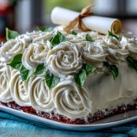 Vibrant sheet cake topped with buttercream roses and fondant diploma for graduation celebrations.