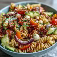 Colorful summer pasta salad with fusilli, cherry tomatoes, cucumber, and mozzarella, tossed in zesty Italian dressing for a refreshing side dish.