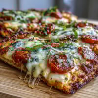 Wholesome cottage cheese flatbread pizza with melted mozzarella and fresh cherry tomatoes, ready to slice and serve.  