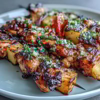 Grilled Pineapple Chicken Skewers feature juicy chicken and sweet pineapple chunks with colorful bell peppers.