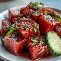 A colorful bowl of watermelon cucumber salad with Tajin and lime, bursting with fresh summer flavors and vibrant colors.