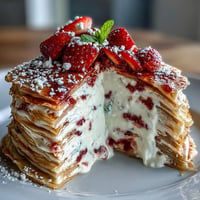 A beautiful Mother's Day crêpe cake layered with delicate crêpes and luscious strawberry mascarpone cream.  