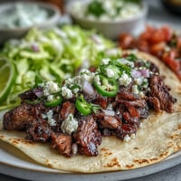 A vibrant Cinco de Mayo street taco bar with sizzling carne asada, fresh toppings, and warm corn tortillas for festive DIY tacos.