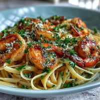 Succulent shrimp scampi linguine with bright lemon and parsley, ready to eat.