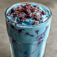 Creamy probiotic kefir smoothie with vibrant blueberries and flaxseed goodness.