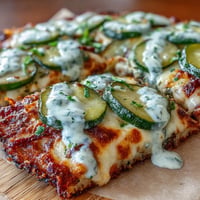 Golden Pickle Pizza Flatbread topped with melty cheese and garlic ranch.